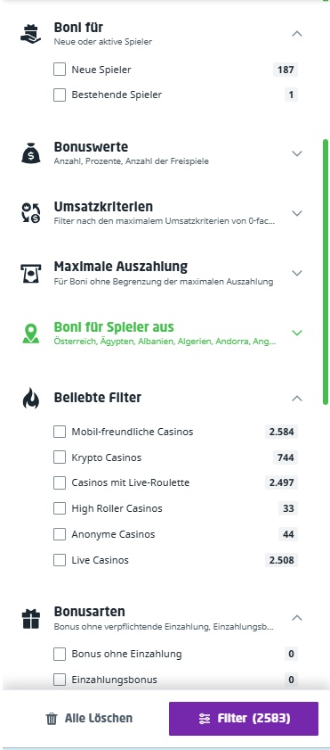 Online-Casino Bonus Filter.